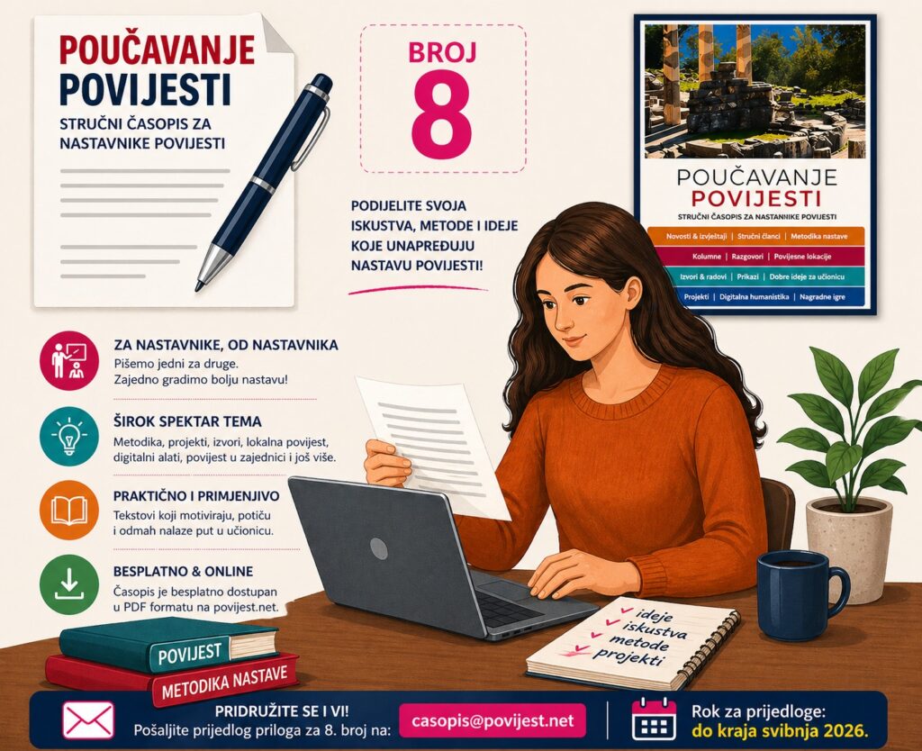Poziv autorima za 8. broj časopisa Poučavanje povijesti: podijelite iskustva, metode i ideje koje unapređuju nastavu povijesti.
