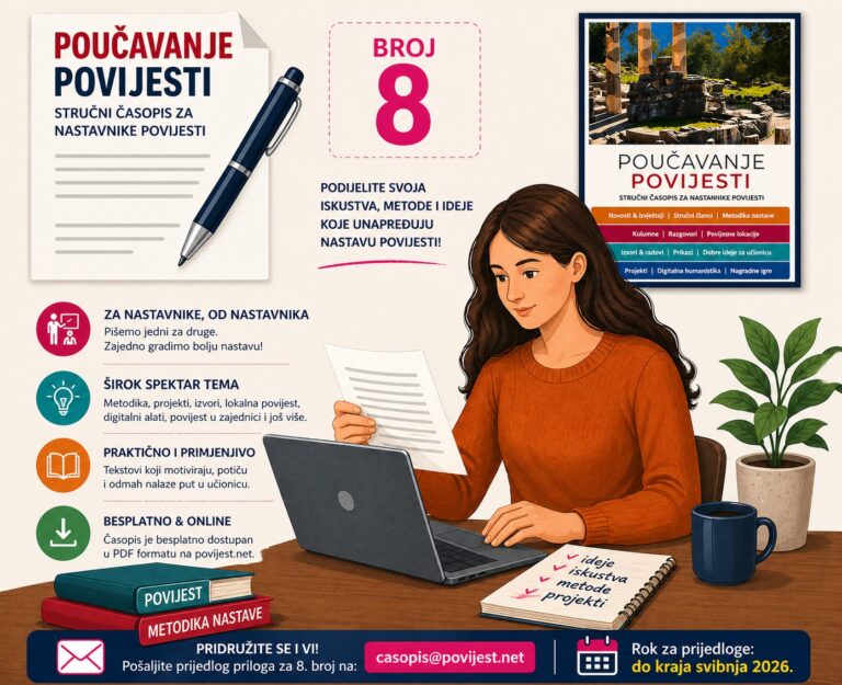 Poziv autorima za 8. broj časopisa Poučavanje povijesti: podijelite iskustva, metode i ideje koje unapređuju nastavu povijesti.